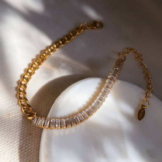 RemindraLux 18K Gold-Plated Half-Link & Half-Crystal Baguette Bracelet