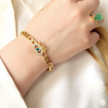 RemindraLux 18K Gold-Plated Radiant Eye Link Bracelet with Blue Crystal