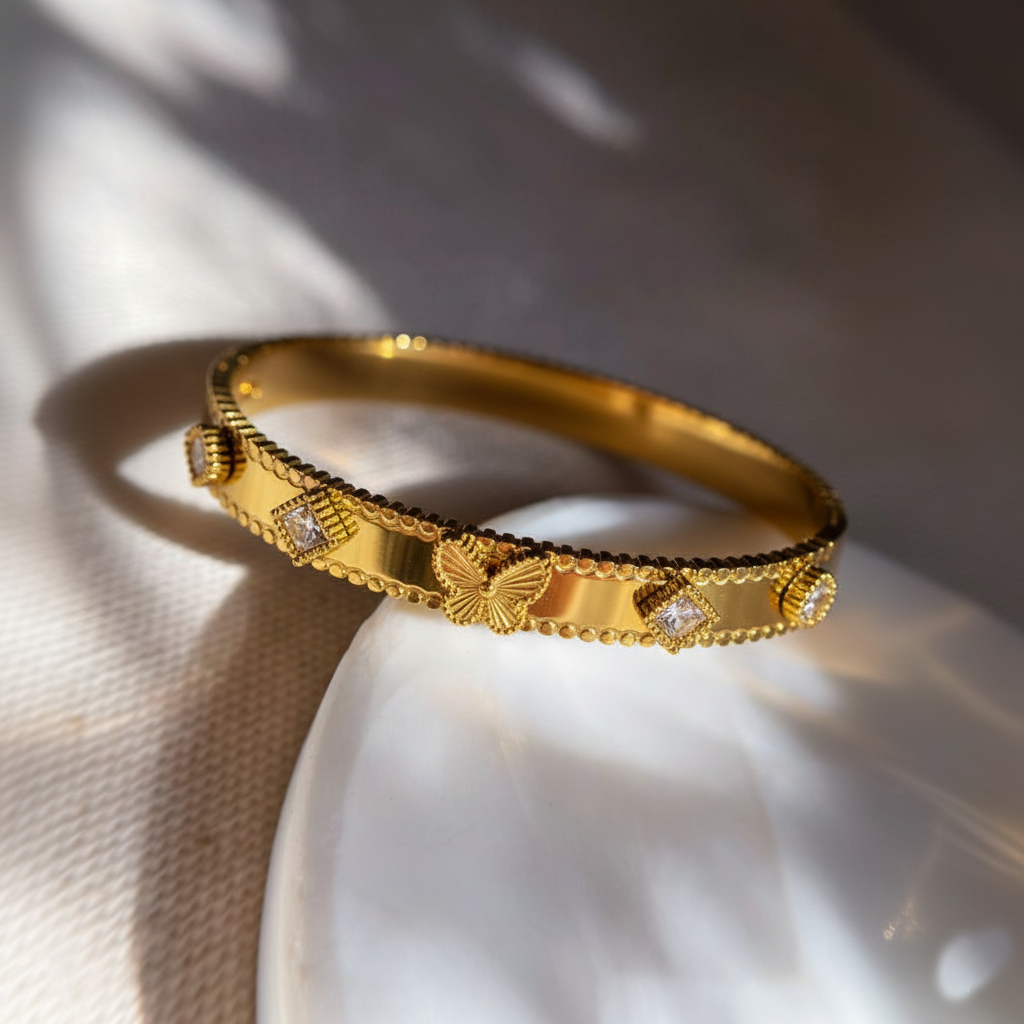 RemindraLux 18K Gold-Plated Butterfly Poise Beaded-Edge Bangle
