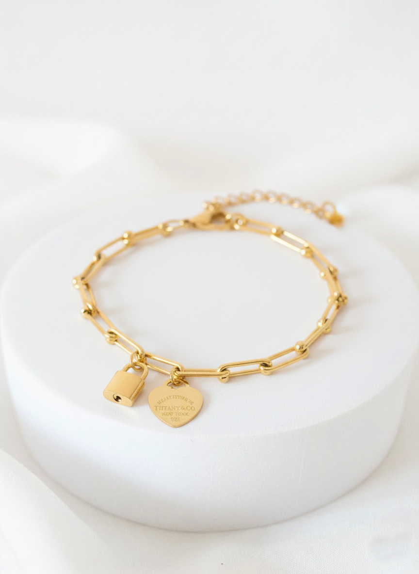 RemindraLux 18K Gold-Plated Heart Tag & Lock Charm Link Bracelet