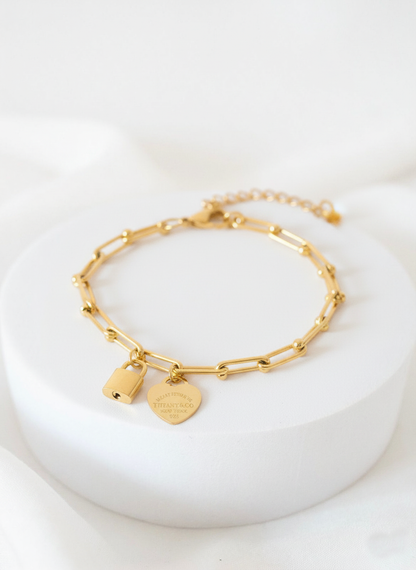 RemindraLux 18K Gold-Plated Heart Tag & Lock Charm Link Bracelet