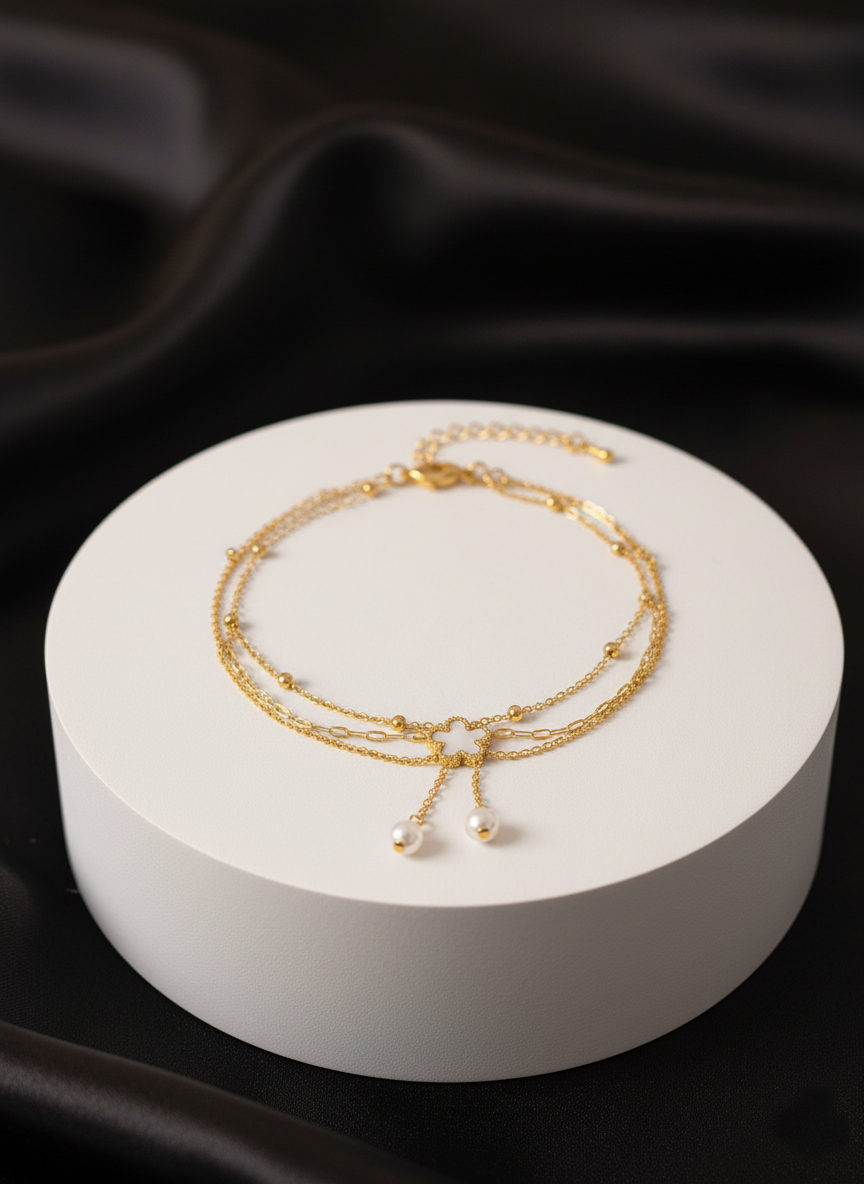 RemindraLux 18K Gold-Plated Flower Charm Double-Chain Anklet