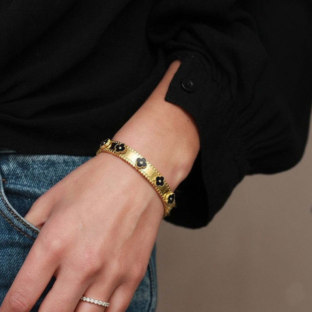 RemindraLux 18K Gold-Plated “Night Garden” Beaded-Edge Bangle – Black Floral Accents