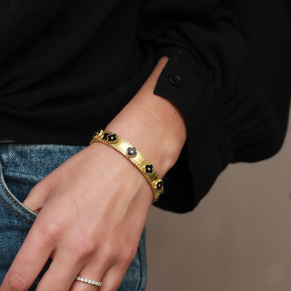 RemindraLux 18K Gold-Plated “Night Garden” Beaded-Edge Bangle – Black Floral Accents