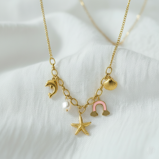 RemindraLux 18K Gold-Plated Ocean Charm Necklace with Dolphin, Starfish, Shell, Pearl & Rainbow