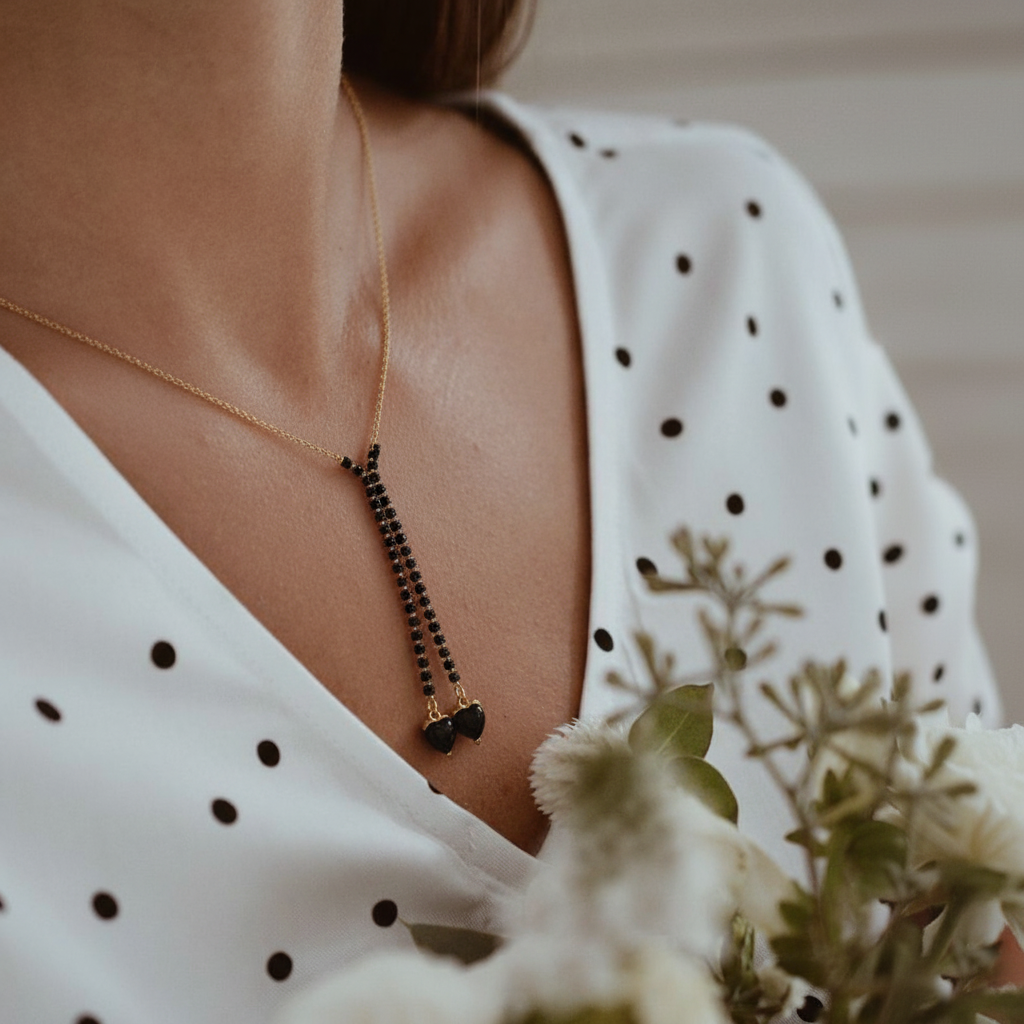 RemindraLux 18K Gold-Plated Black Bead Twin Heart Necklace