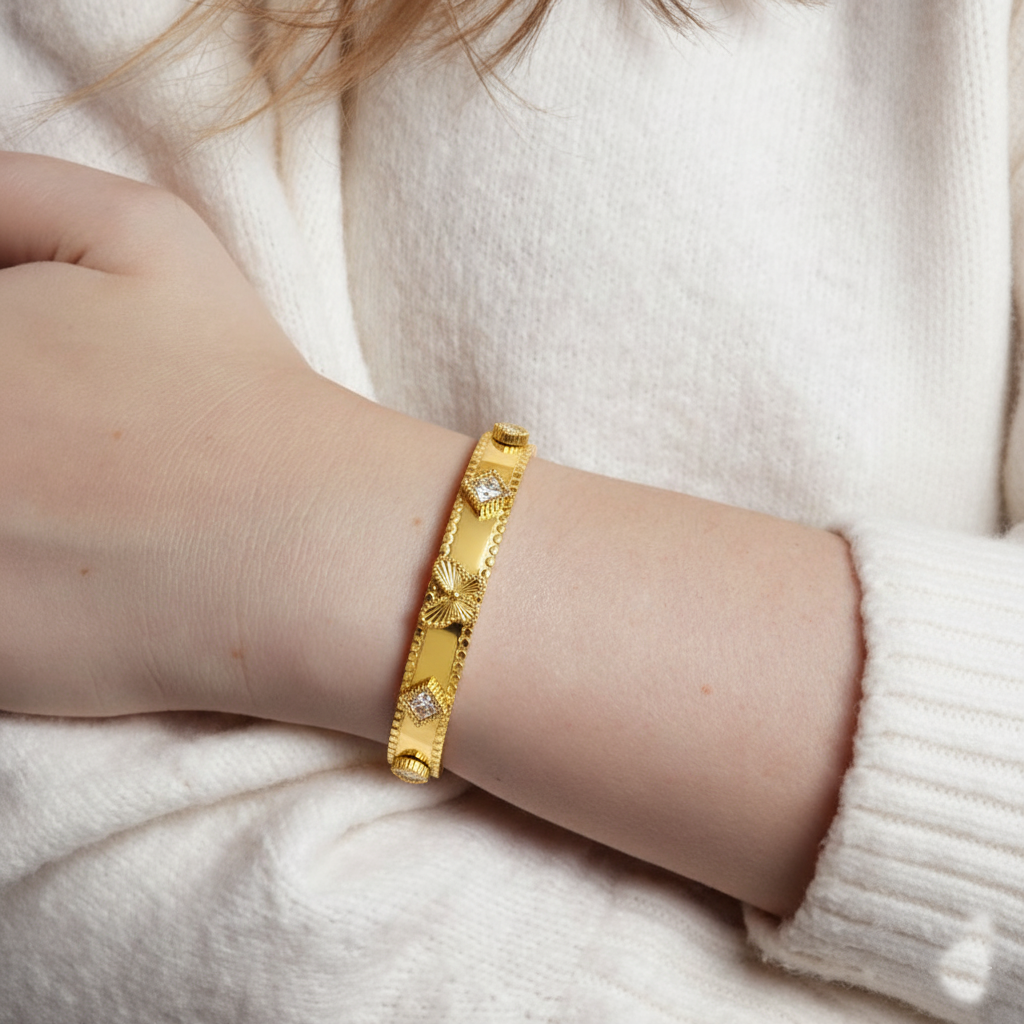 RemindraLux 18K Gold-Plated Butterfly Poise Beaded-Edge Bangle