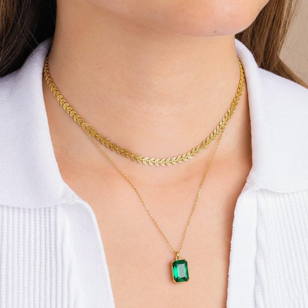 RemindraLux 18K Gold-Plated Laurel & Emerald Layered Necklace