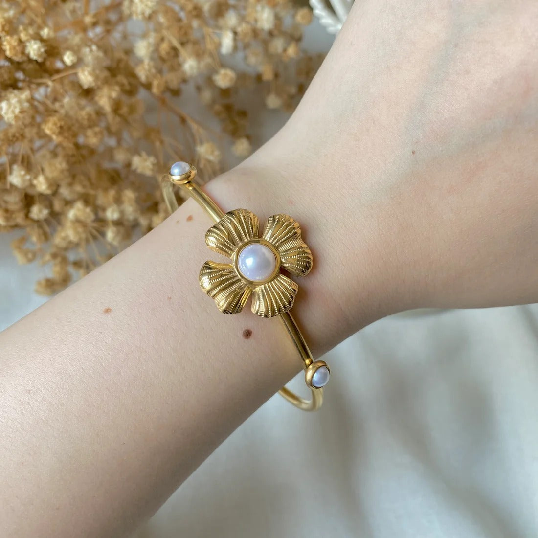 RemindraLux 18K Gold-Plated Pearl Blossom Open Cuff Bangle