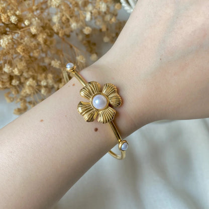 RemindraLux 18K Gold-Plated Pearl Blossom Open Cuff Bangle