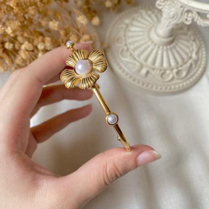 RemindraLux 18K Gold-Plated Pearl Blossom Open Cuff Bangle