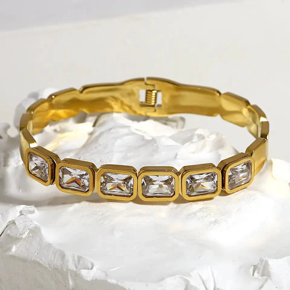 RemindraLux 18K Gold-Plated Emerald-Cut Crystal Bezel Bangle