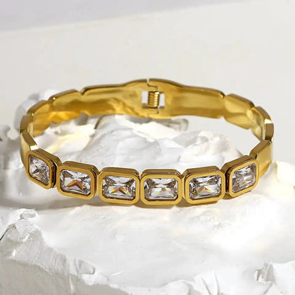 RemindraLux 18K Gold-Plated Emerald-Cut Crystal Bezel Bangle