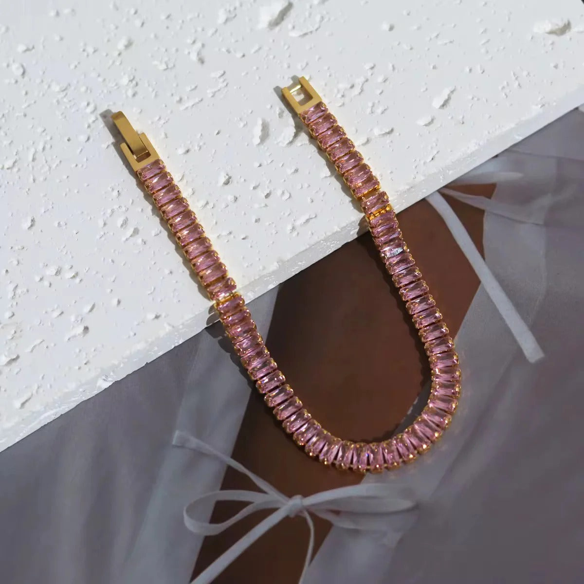 RemindraLux 18K Gold-Plated Pink Baguette-Cut Crystal Tennis Bracelet
