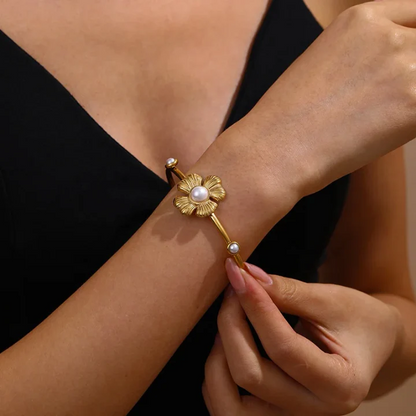 RemindraLux 18K Gold-Plated Pearl Blossom Open Cuff Bangle