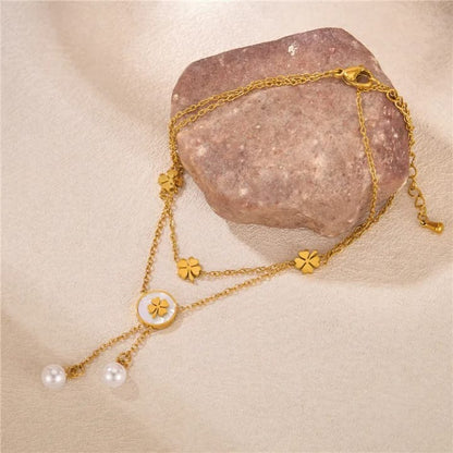 RemindraLux 18K Gold-Plated Multi-Flower Pearl-Drop Double-Chain Anklet