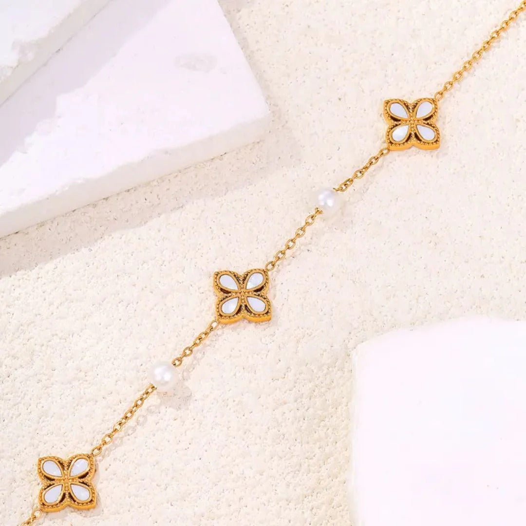 RemindraLux 18K Gold-Plated White Enamel Clover & Pearl Charm Bracelet