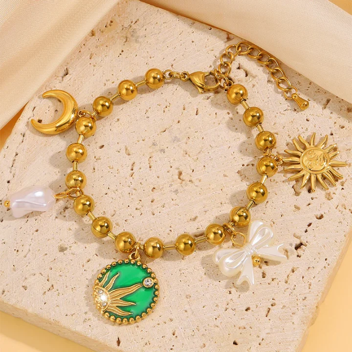 RemindraLux 18K Gold-Plated Sun & Moon Beaded Charm Bracelet with Green Enamel Medallion