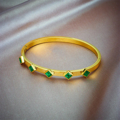 RemindraLux 18K Gold-Plated Emerald-Color Five-Station Square Gem Bangle