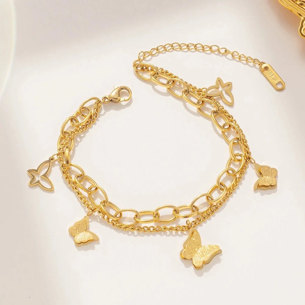 RemindraLux 18K Gold-Plated Butterfly Charm Double-Layer Chain Bracelet