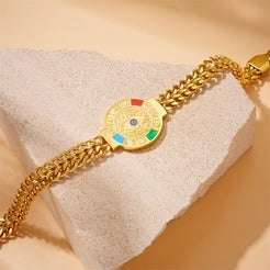RemindraLux 18K Gold-Plated Double-Link Evil Eye Medallion Bracelet with Color Enamel Accents