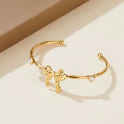 RemindraLux 18K Gold-Plated “Love Bow” Open Bangle with Pearls