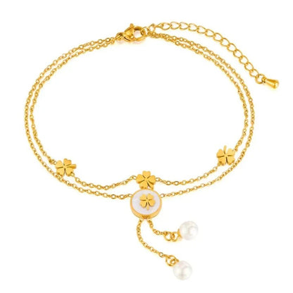 RemindraLux 18K Gold-Plated Multi-Flower Pearl-Drop Double-Chain Anklet