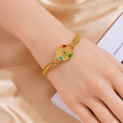 RemindraLux 18K Gold-Plated Double-Link Evil Eye Medallion Bracelet with Color Enamel Accents