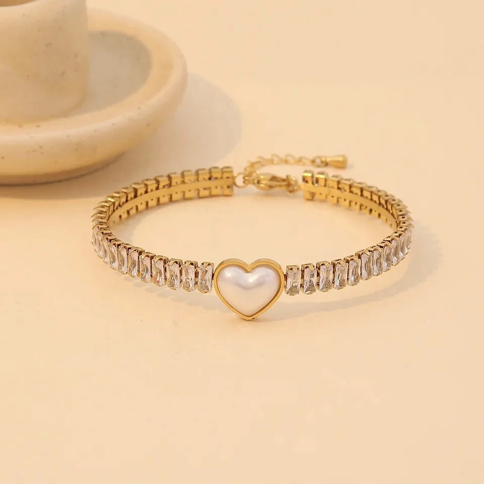 RemindraLux 18K Gold-Plated Pearl Heart & Crystal Tennis Bracelet
