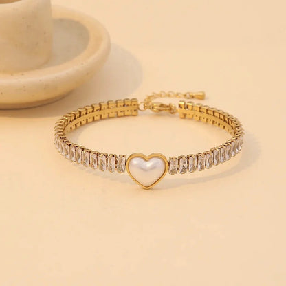 RemindraLux 18K Gold-Plated Pearl Heart & Crystal Tennis Bracelet