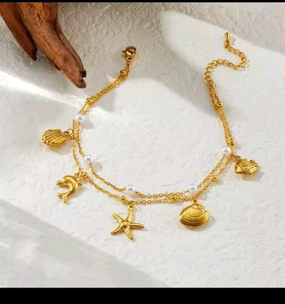 RemindraLux 18K Gold-Plated “Sea Tale” Double-Layer Pearl Charm Anklet