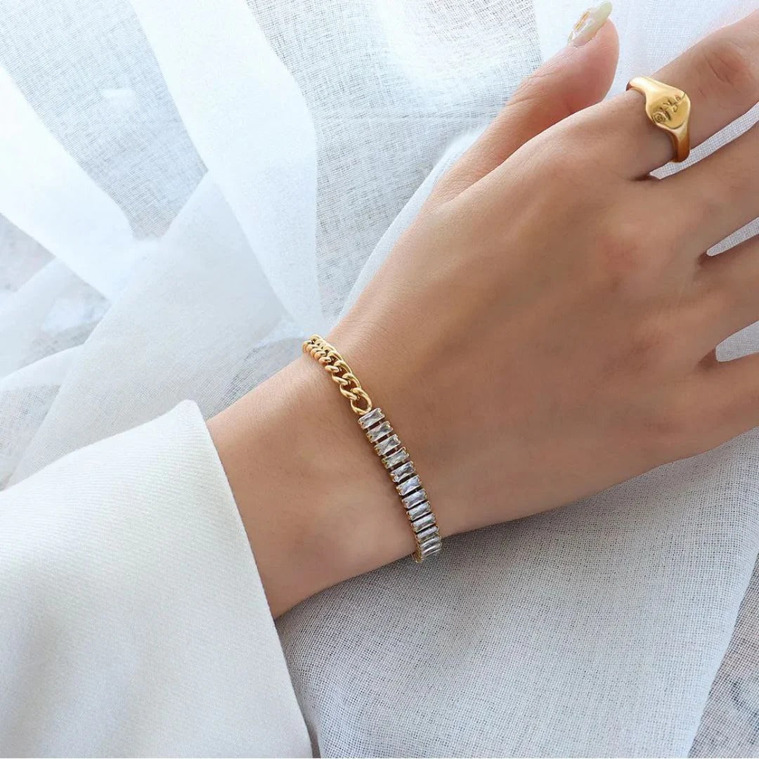 RemindraLux 18K Gold-Plated Half-Link & Half-Crystal Baguette Bracelet