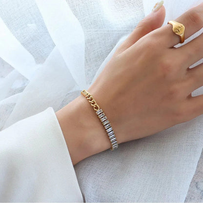 RemindraLux 18K Gold-Plated Half-Link & Half-Crystal Baguette Bracelet