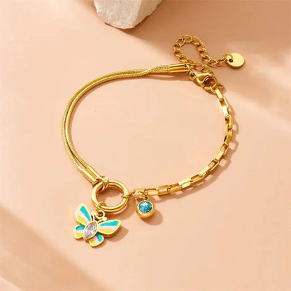 RemindraLux 18K Gold-Plated Dual-Chain Butterfly & Blue Stone Charm Bracelet