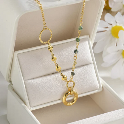 RemindraLux 18K Gold-Plated Asymmetric Hearts & Stone Bead Ring Necklace