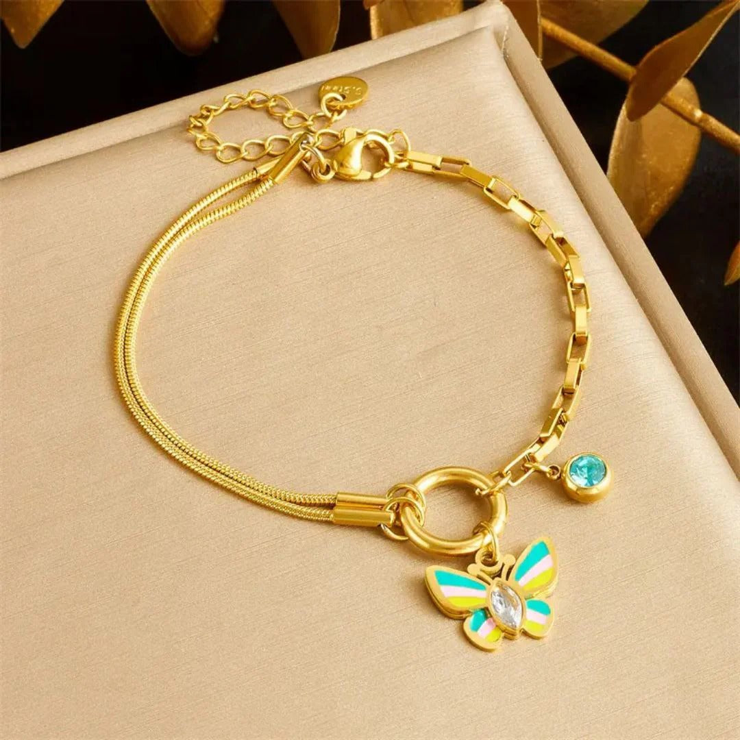RemindraLux 18K Gold-Plated Dual-Chain Butterfly & Blue Stone Charm Bracelet