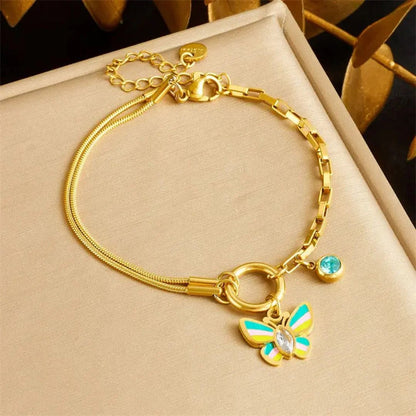 RemindraLux 18K Gold-Plated Dual-Chain Butterfly & Blue Stone Charm Bracelet
