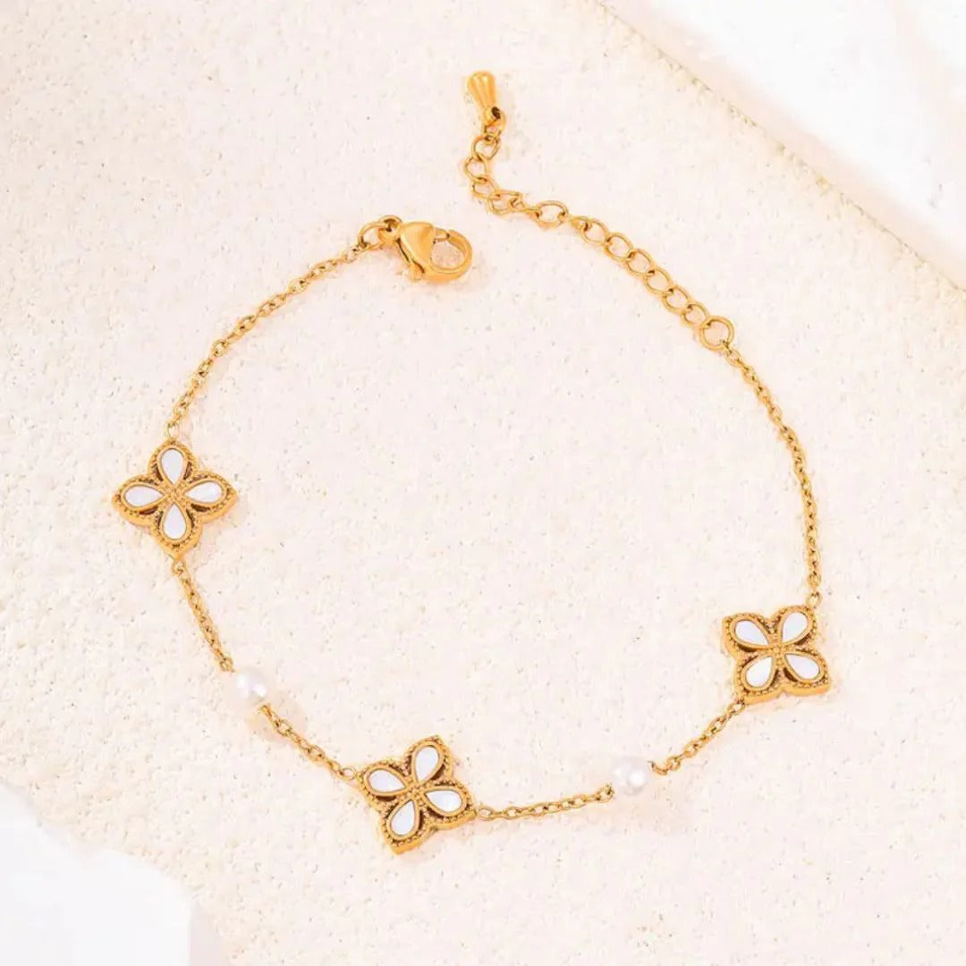 RemindraLux 18K Gold-Plated White Enamel Clover & Pearl Charm Bracelet