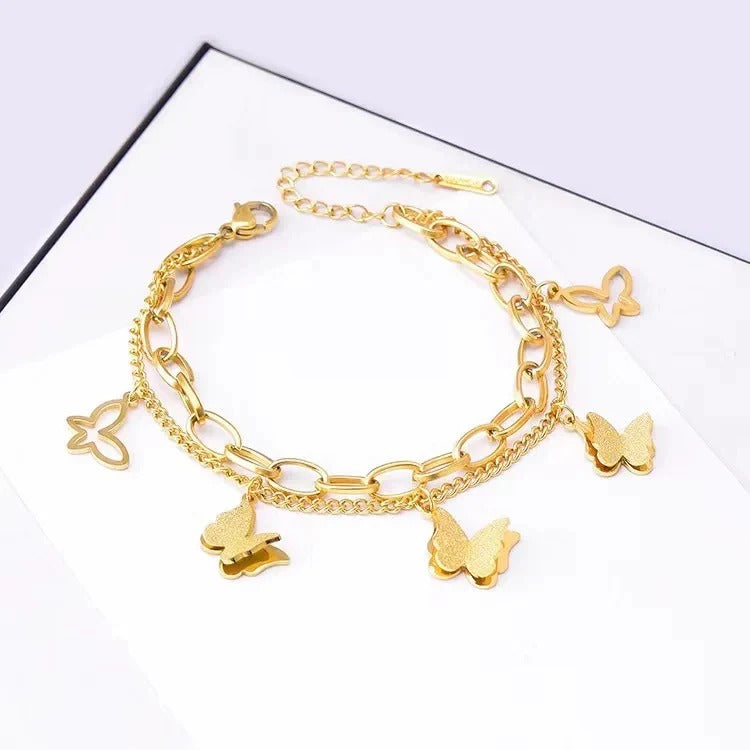 RemindraLux 18K Gold-Plated Butterfly Charm Double-Layer Chain Bracelet