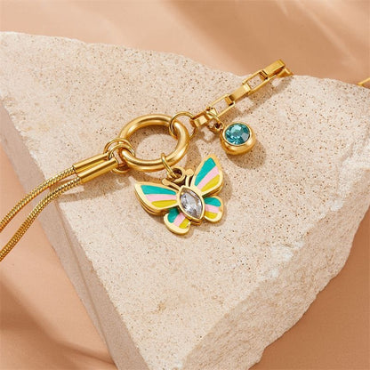RemindraLux 18K Gold-Plated Dual-Chain Butterfly & Blue Stone Charm Bracelet