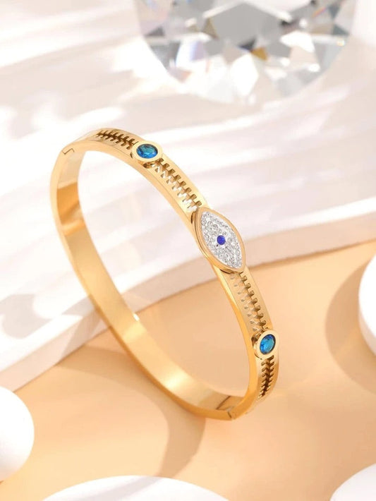 RemindraLux 18K Gold-Plated Evil Eye Bangle with Blue Crystals