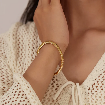 RemindraLux 18K Gold-Plated Ribbed Barrel & Bead Open Cuff Bangle
