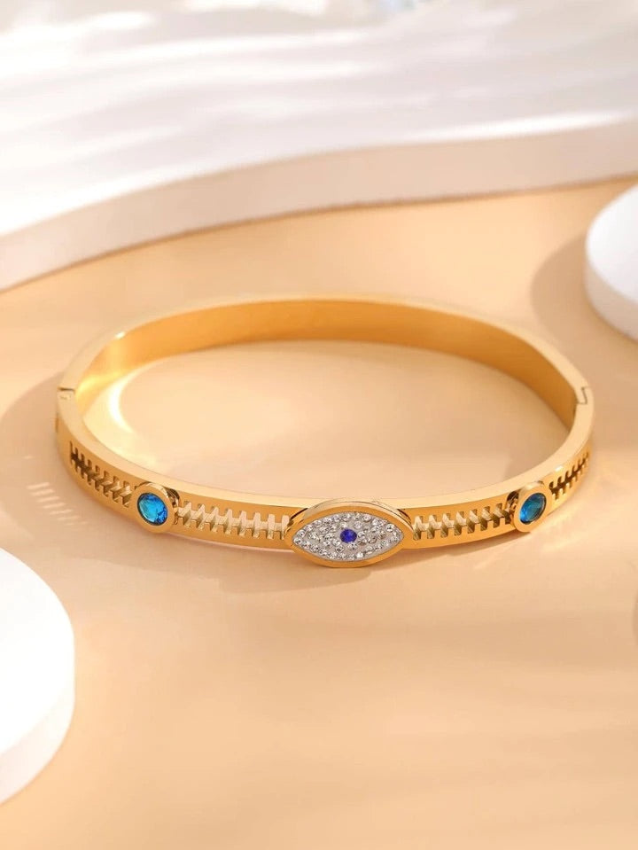 RemindraLux 18K Gold-Plated Evil Eye Bangle with Blue Crystals