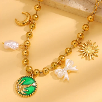 RemindraLux 18K Gold-Plated Sun & Moon Beaded Charm Bracelet with Green Enamel Medallion