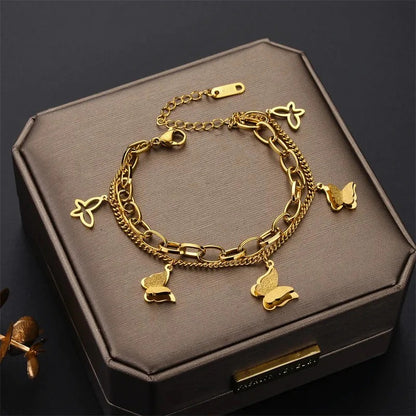 RemindraLux 18K Gold-Plated Butterfly Charm Double-Layer Chain Bracelet
