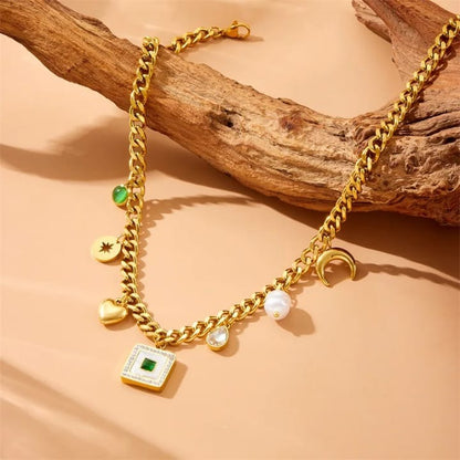 RemindraLux 18K Gold-Plated Emerald Medallion Charm Necklace