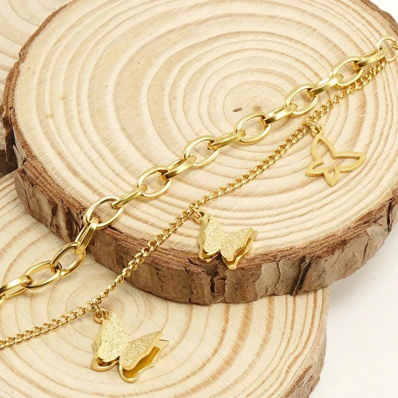 RemindraLux 18K Gold-Plated Butterfly Charm Double-Layer Chain Bracelet