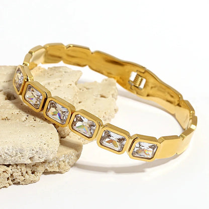 RemindraLux 18K Gold-Plated Emerald-Cut Crystal Bezel Bangle