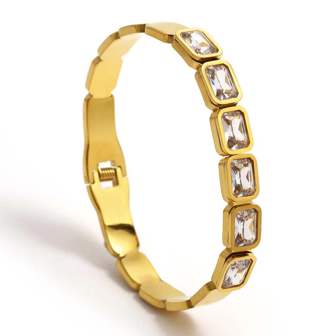 RemindraLux 18K Gold-Plated Emerald-Cut Crystal Bezel Bangle