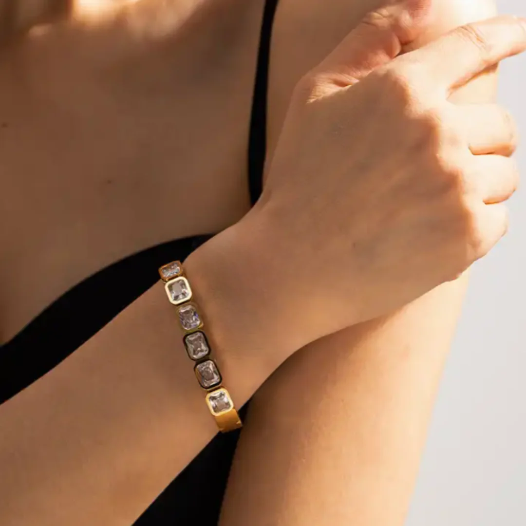 RemindraLux 18K Gold-Plated Emerald-Cut Crystal Bezel Bangle